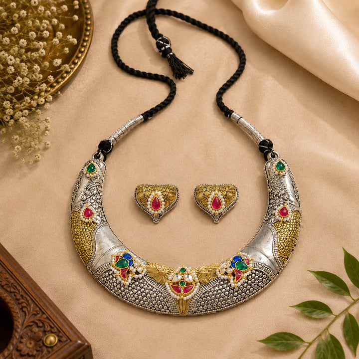 Dual-Tone German Silver Multicolour Fusion Collar Necklace Set
