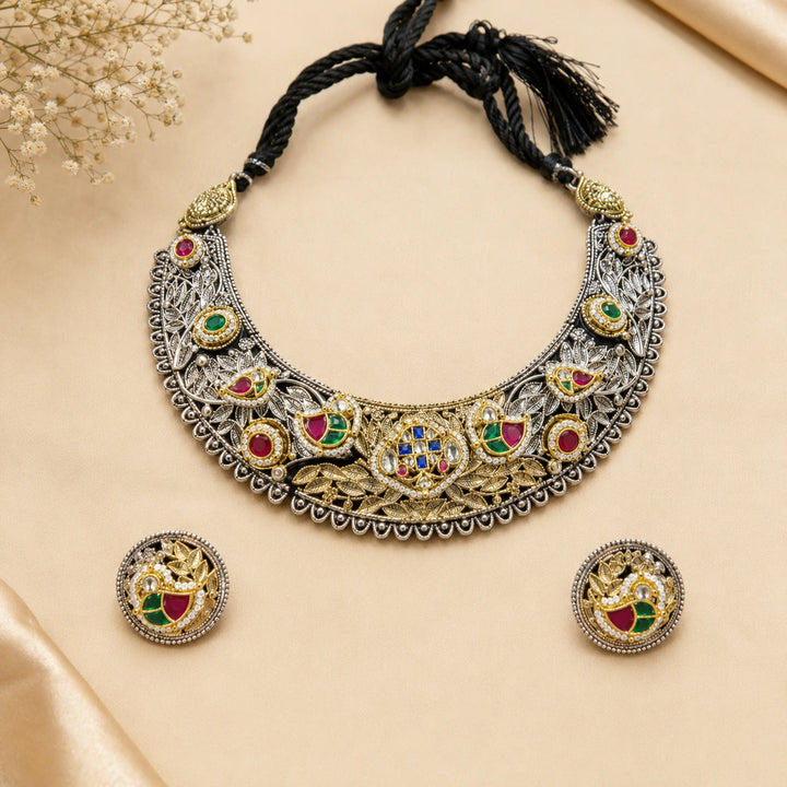 Dual-Tone German Silver Multicolour Filigree Collar Necklace Set