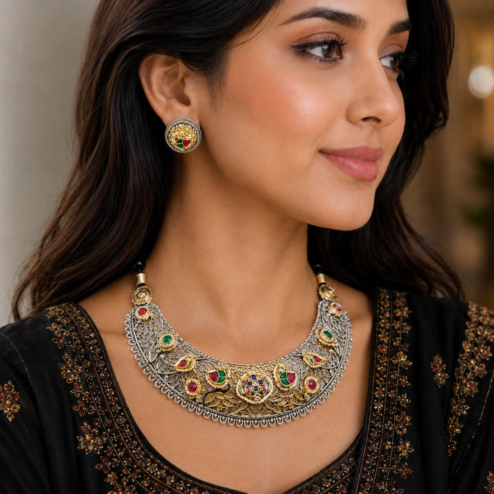 Dual-Tone German Silver Multicolour Filigree Collar Necklace Set