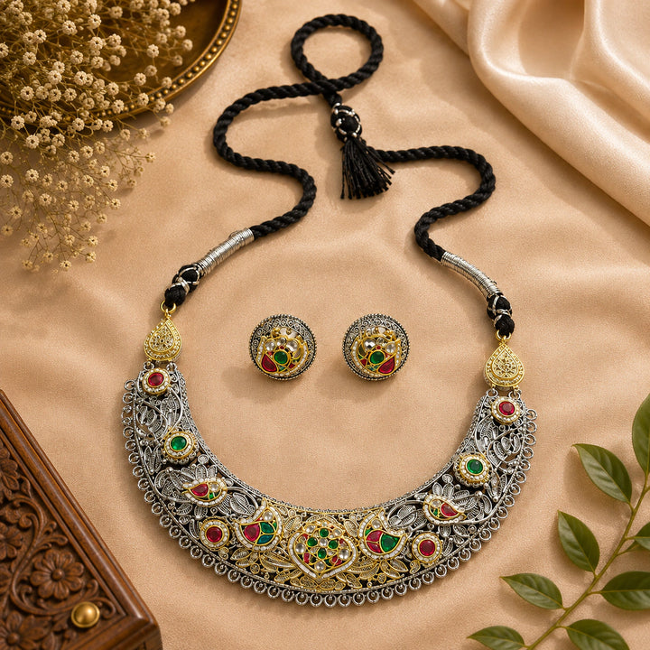 Dual-Tone German Silver Multicolour Paisley Bib Necklace