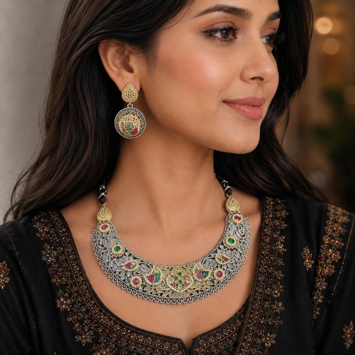 Dual-Tone German Silver Multicolour Paisley Bib Necklace
