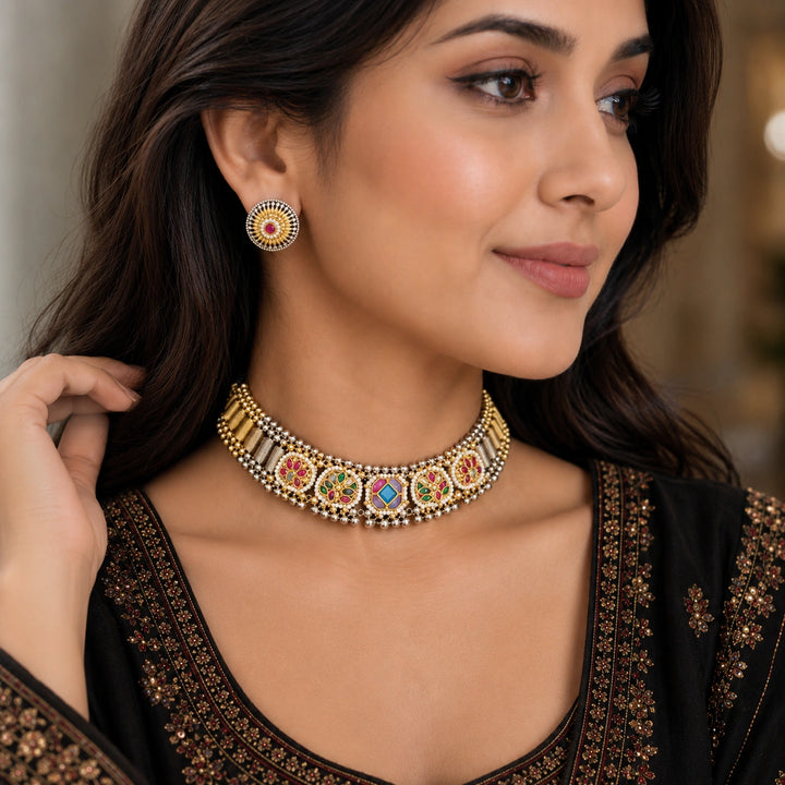 Dual-Tone German Silver Multicolor Fusion Choker Necklace