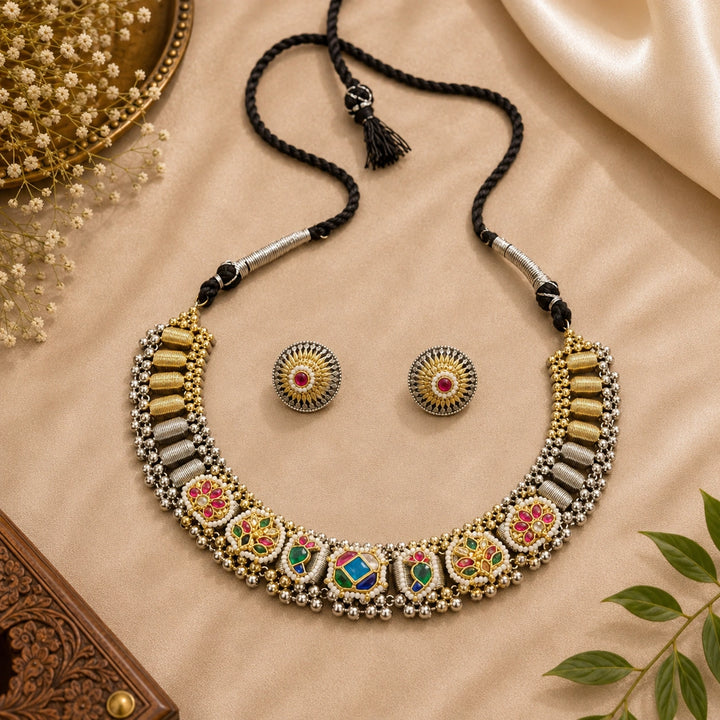 Dual-Tone German Silver Multicolor Fusion Choker Necklace
