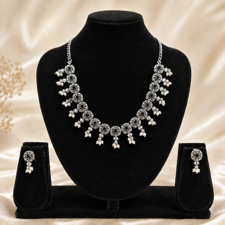 Oxidised German Silver Black Stone Medallion Necklace