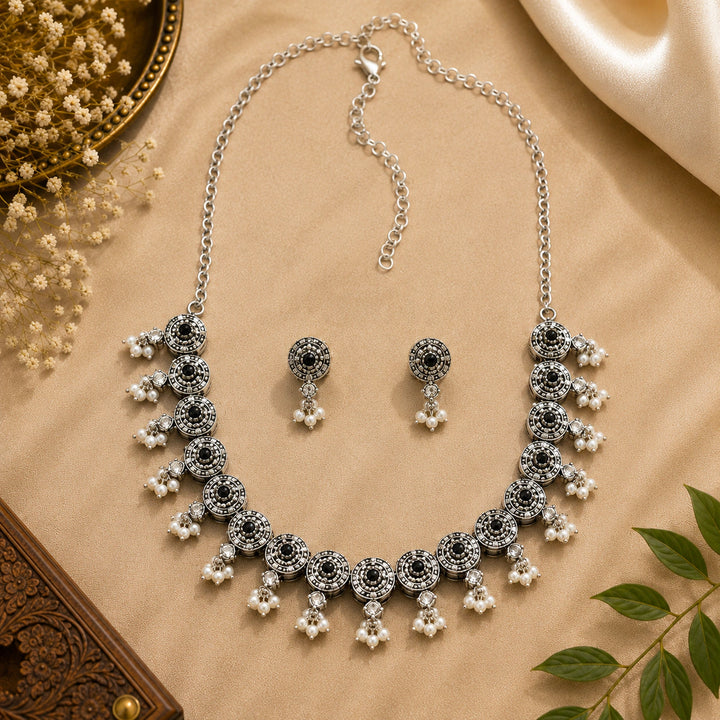 Oxidised German Silver Black Stone Medallion Necklace