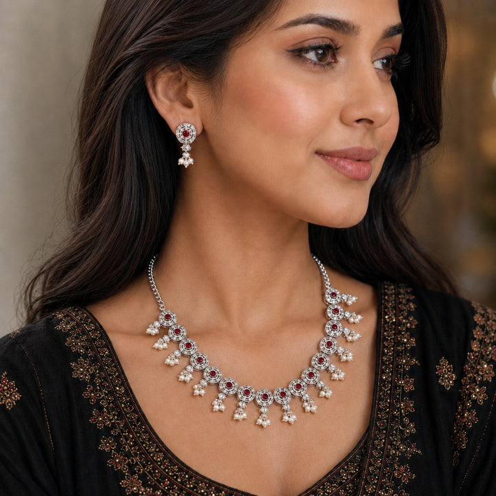 Oxidised German Silver Maroon Medallion Necklace Set