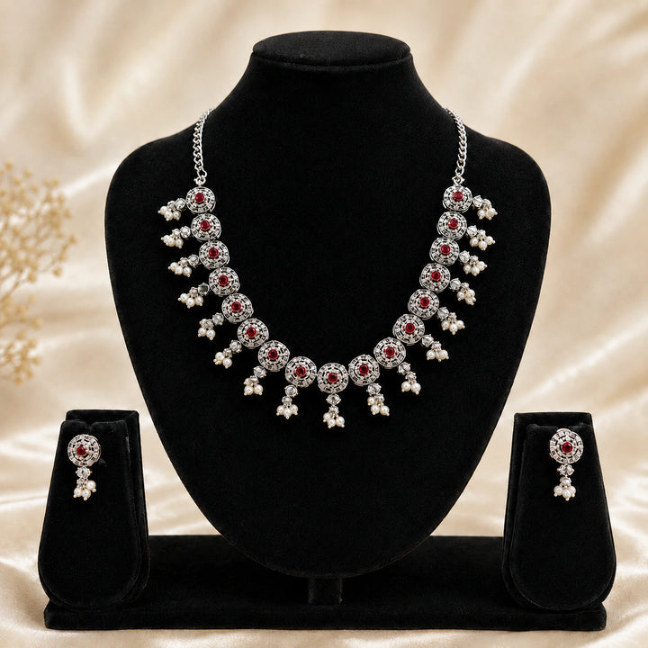 Oxidised German Silver Maroon Medallion Necklace Set