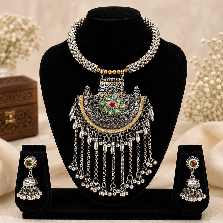 Oxidised Multicolour Crescent Ghungroo Statement Necklace