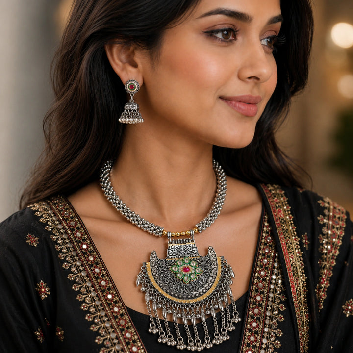 Oxidised Multicolour Crescent Ghungroo Statement Necklace