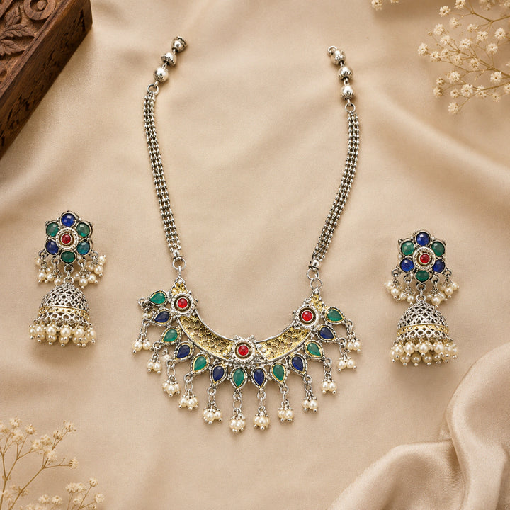 Oxidised German Silver Multicolour Crescent Statement Necklace