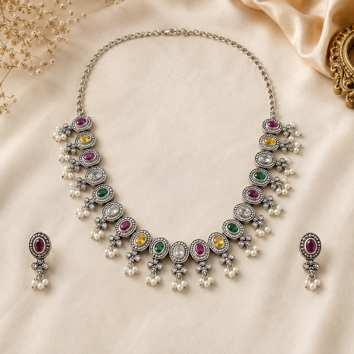 Oxidised Oval Multicolour Stone Pearl-Style Necklace Set