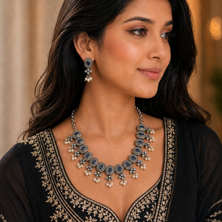 Oxidised German Silver Blue Stone Pearl-Drop Necklace