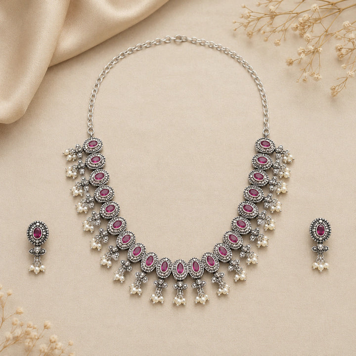 Oxidised German Silver Pink Stone Pearl-Drop Statement Necklace