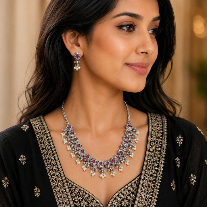 Oxidised German Silver Pink Stone Pearl-Drop Statement Necklace