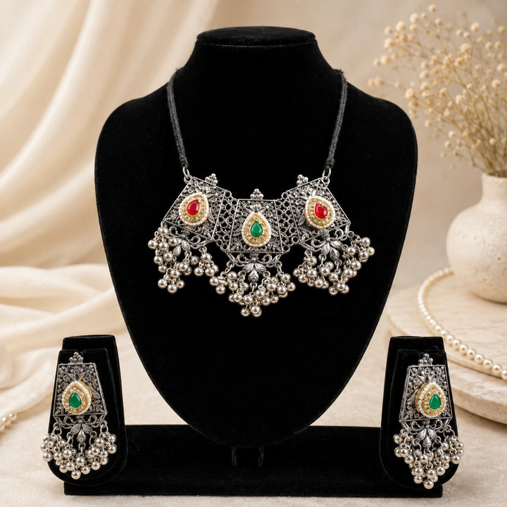 Oxidised German Silver Red & Green Filigree Statement Necklace