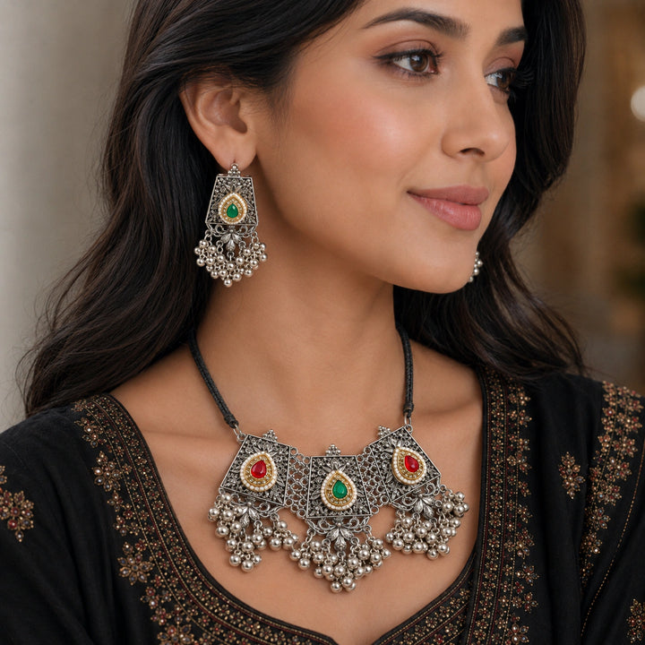 Oxidised German Silver Red & Green Filigree Statement Necklace