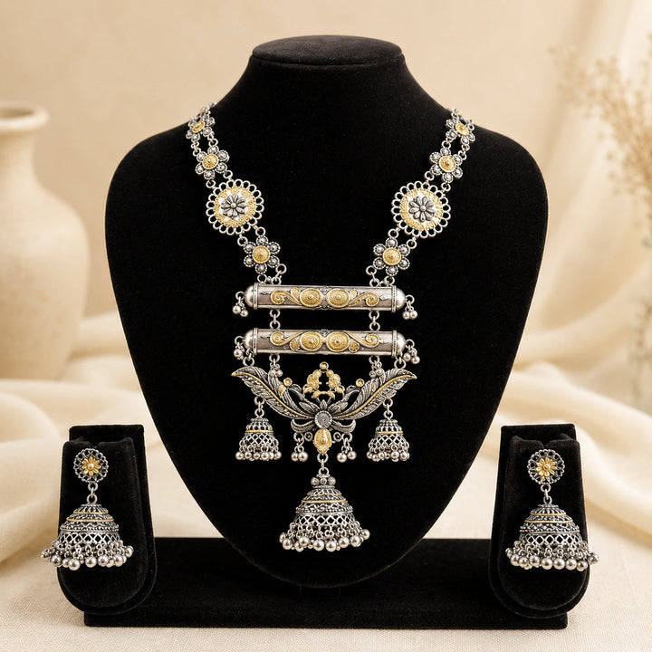 Oxidised Dual-Tone Floral Jhumka Long Necklace Set