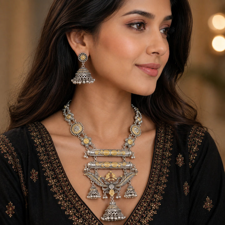 Oxidised Dual-Tone Floral Jhumka Long Necklace Set