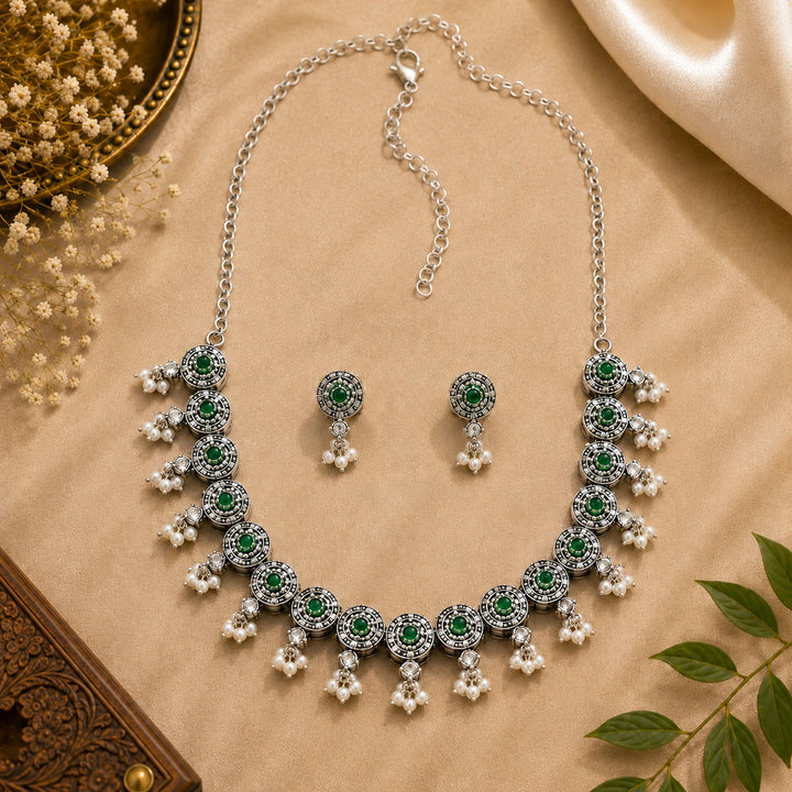Oxidised German Silver Green Medallion Pearl Drop Necklace Set