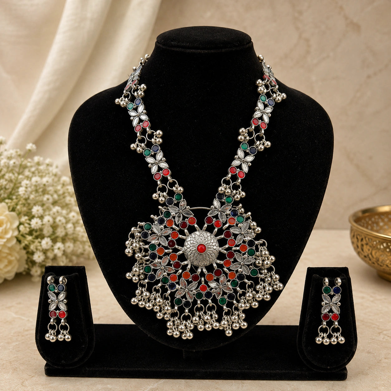 Oxidised Multicolour Floral Medallion Statement Necklace