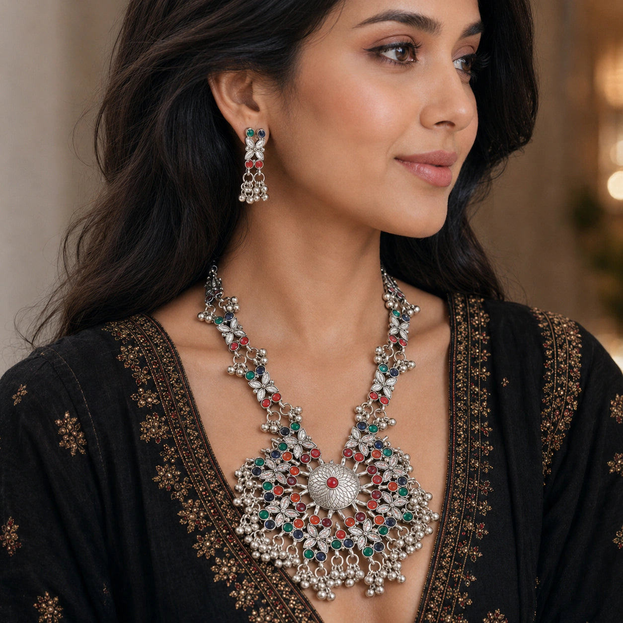 Oxidised Multicolour Floral Medallion Statement Necklace