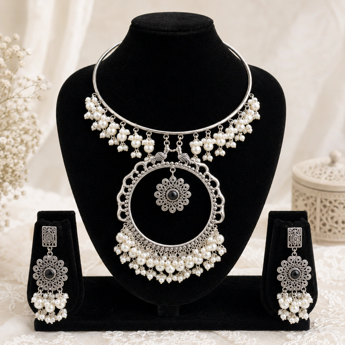 Oxidised Pearl Fringe Floral Medallion Hasali Necklace Set