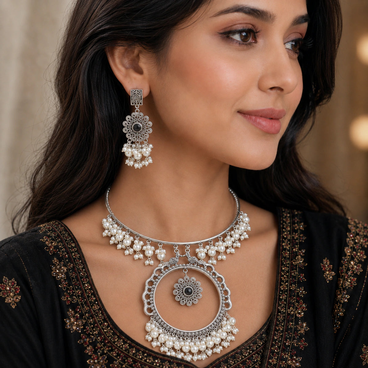 Oxidised Pearl Fringe Floral Medallion Hasali Necklace Set