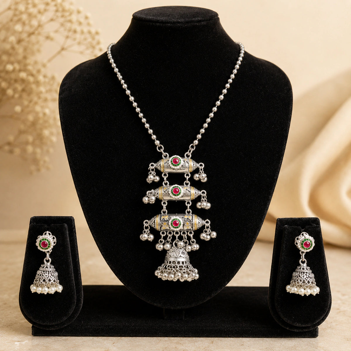 Oxidised German Silver Red-Green Jhumka Pendant Necklace