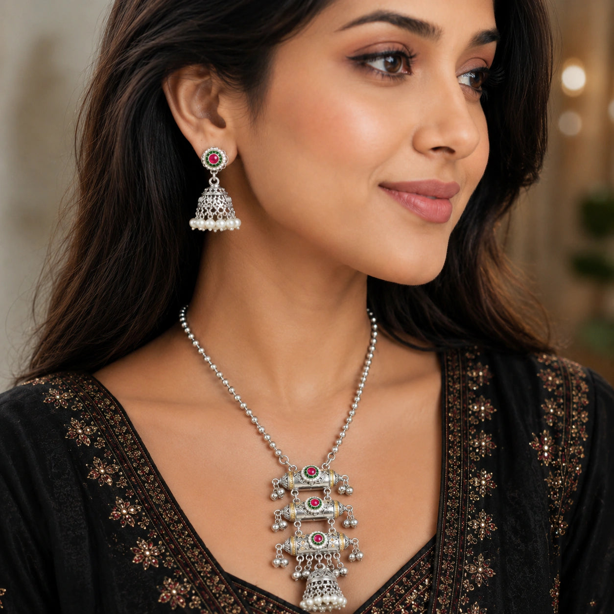 Oxidised German Silver Red-Green Jhumka Pendant Necklace