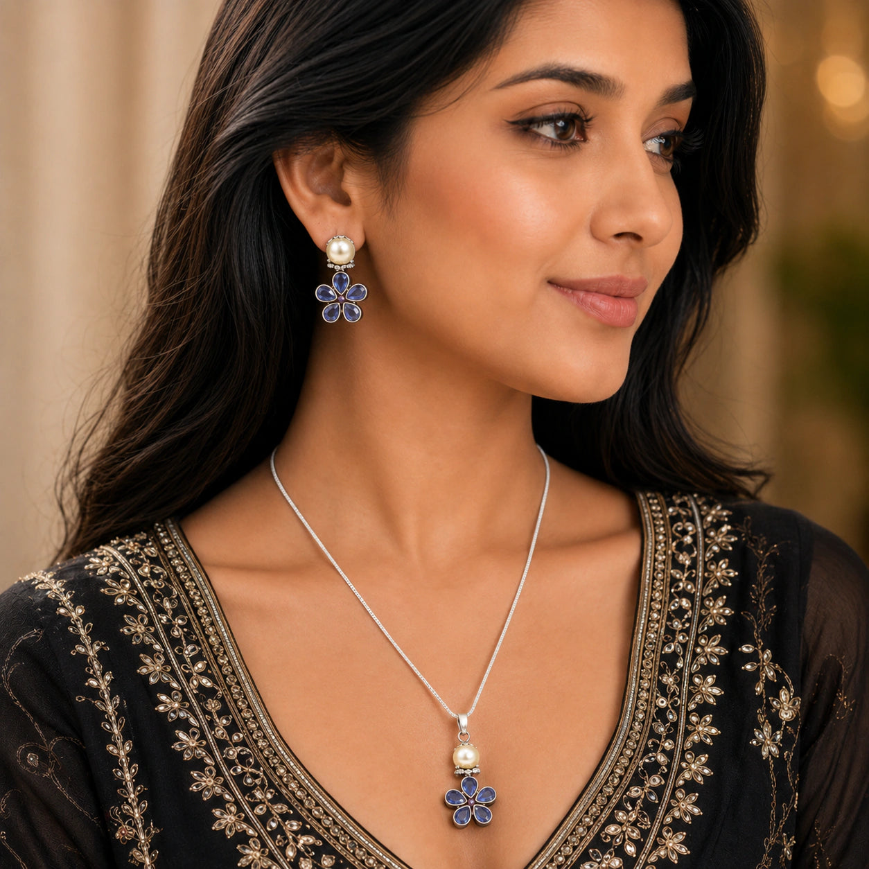 Oxidised Purple Floral Pendant Necklace with Earrings