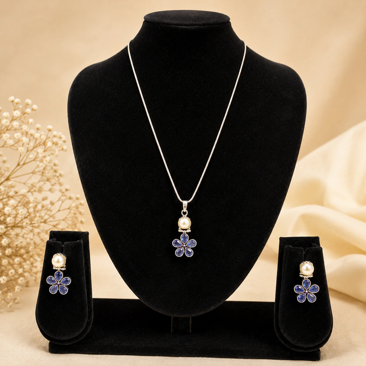 Oxidised Purple Floral Pendant Necklace with Earrings