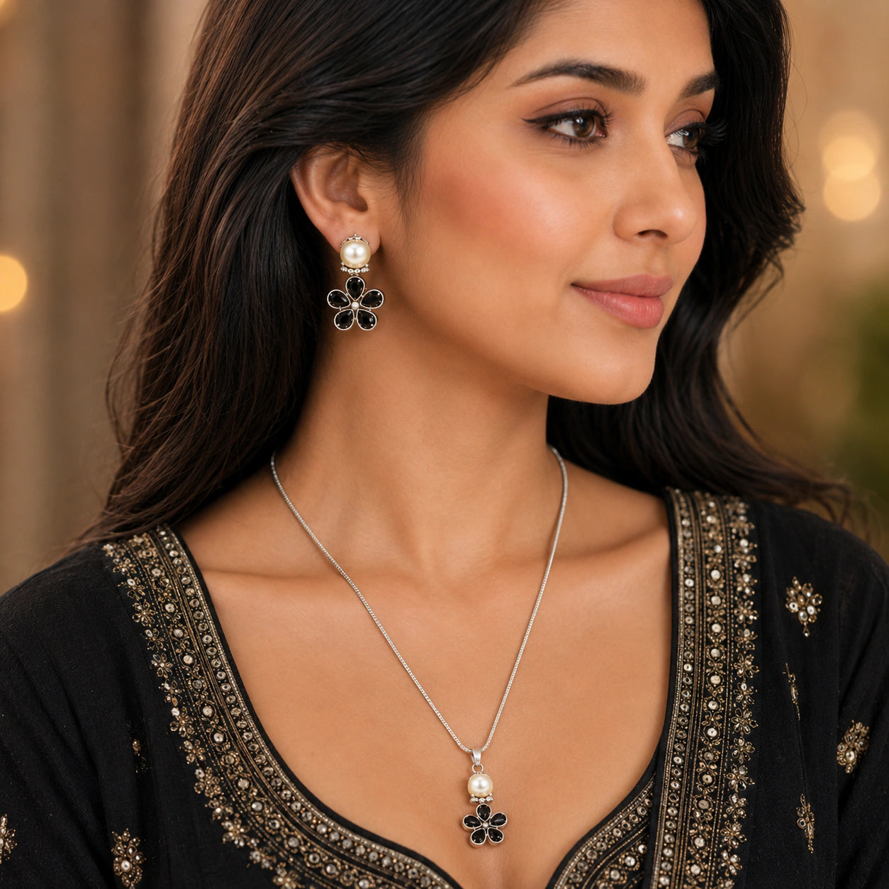 Oxidised Black Floral Pearl Pendant Necklace Set