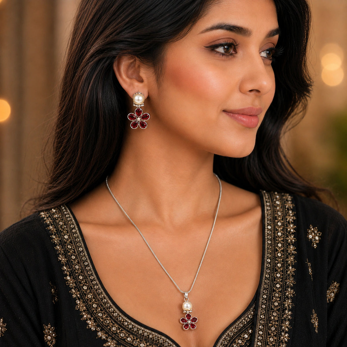 Oxidised Maroon Floral Pearl Pendant Necklace
