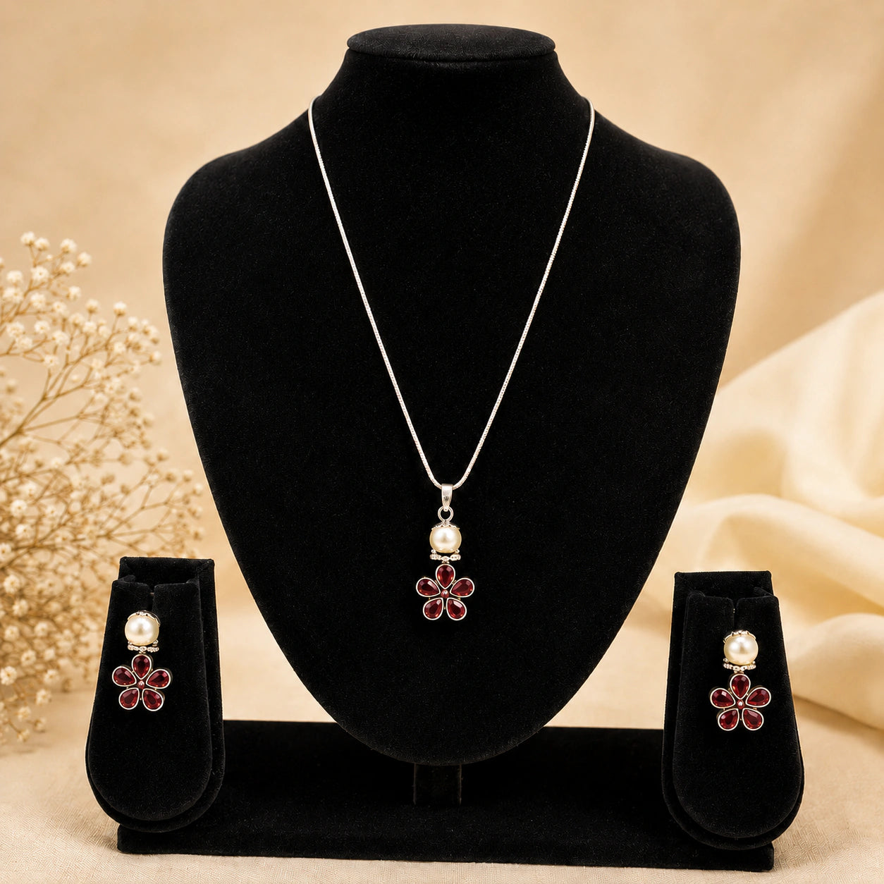 Oxidised Maroon Floral Pearl Pendant Necklace