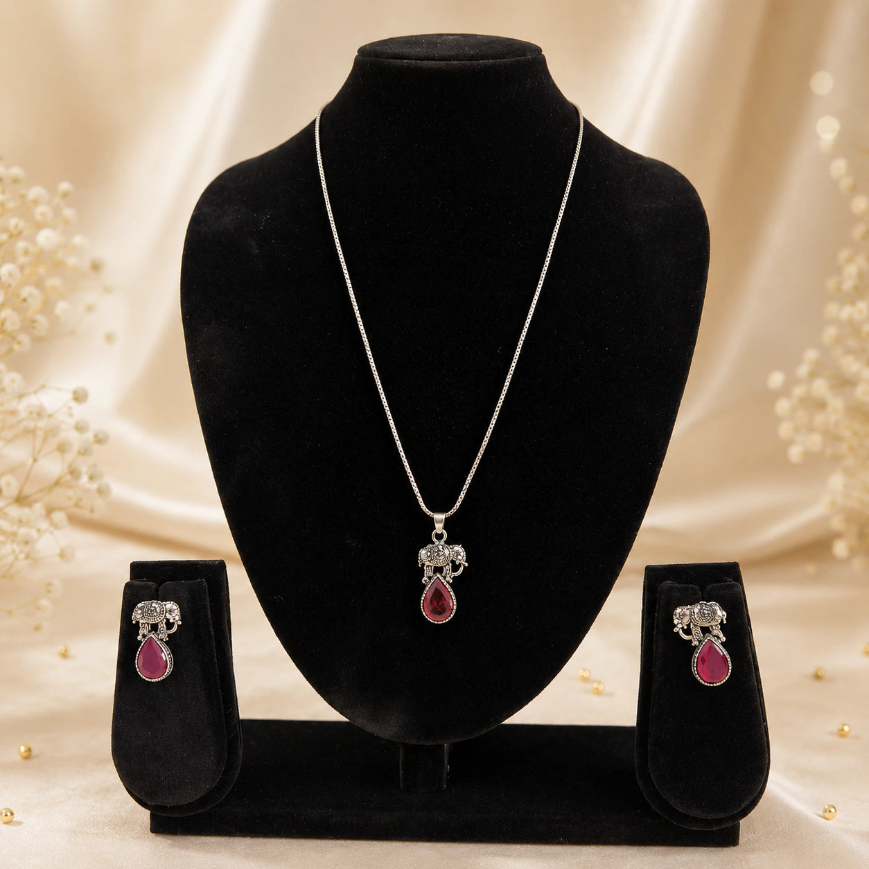 Oxidised German Silver Elephant Rani Pink Pendant Necklace Set