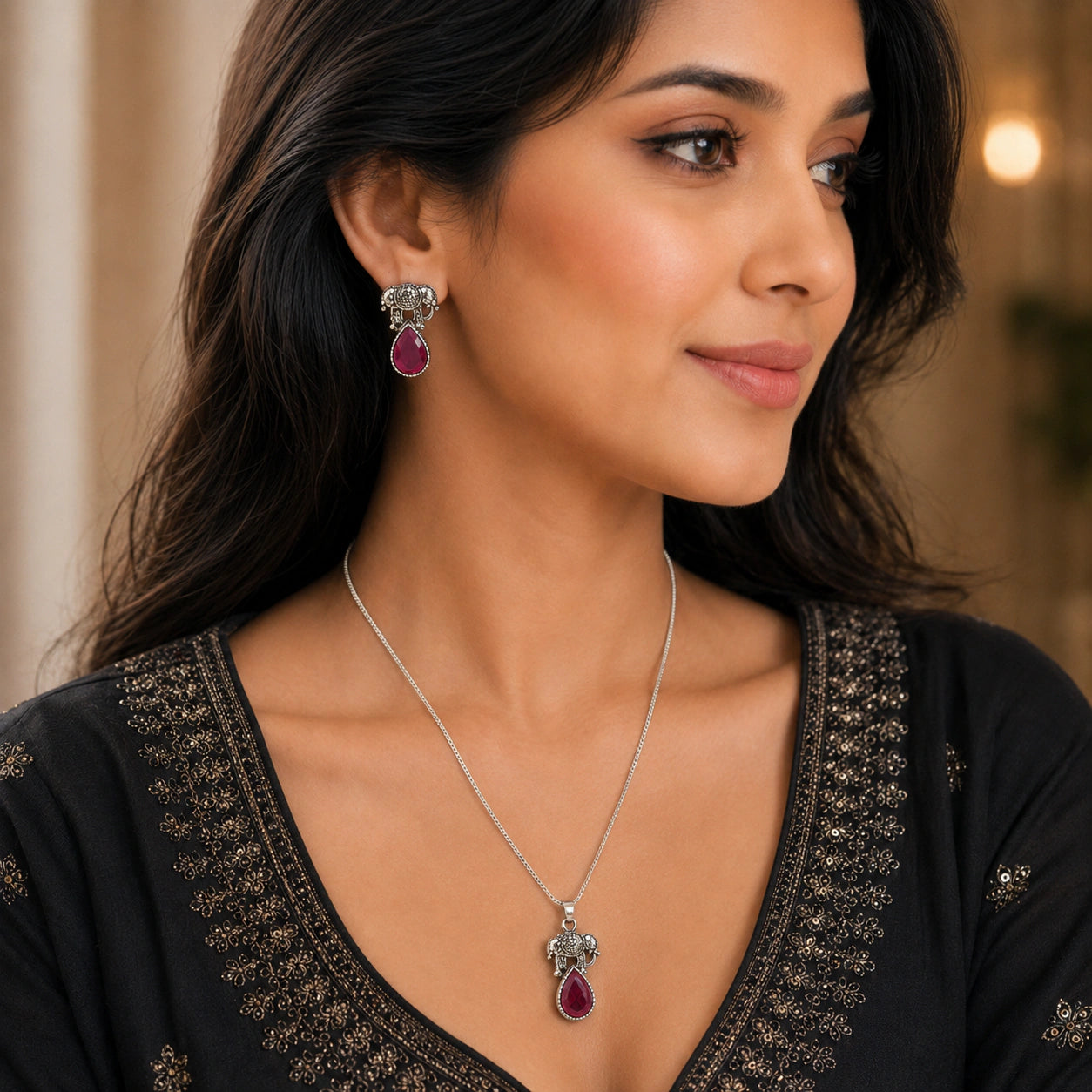 Oxidised German Silver Elephant Rani Pink Pendant Necklace Set