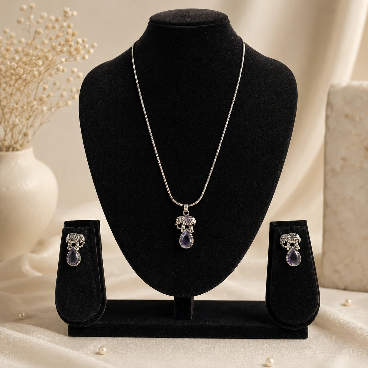 Oxidised Elephant Purple Stone Pendant Necklace Set