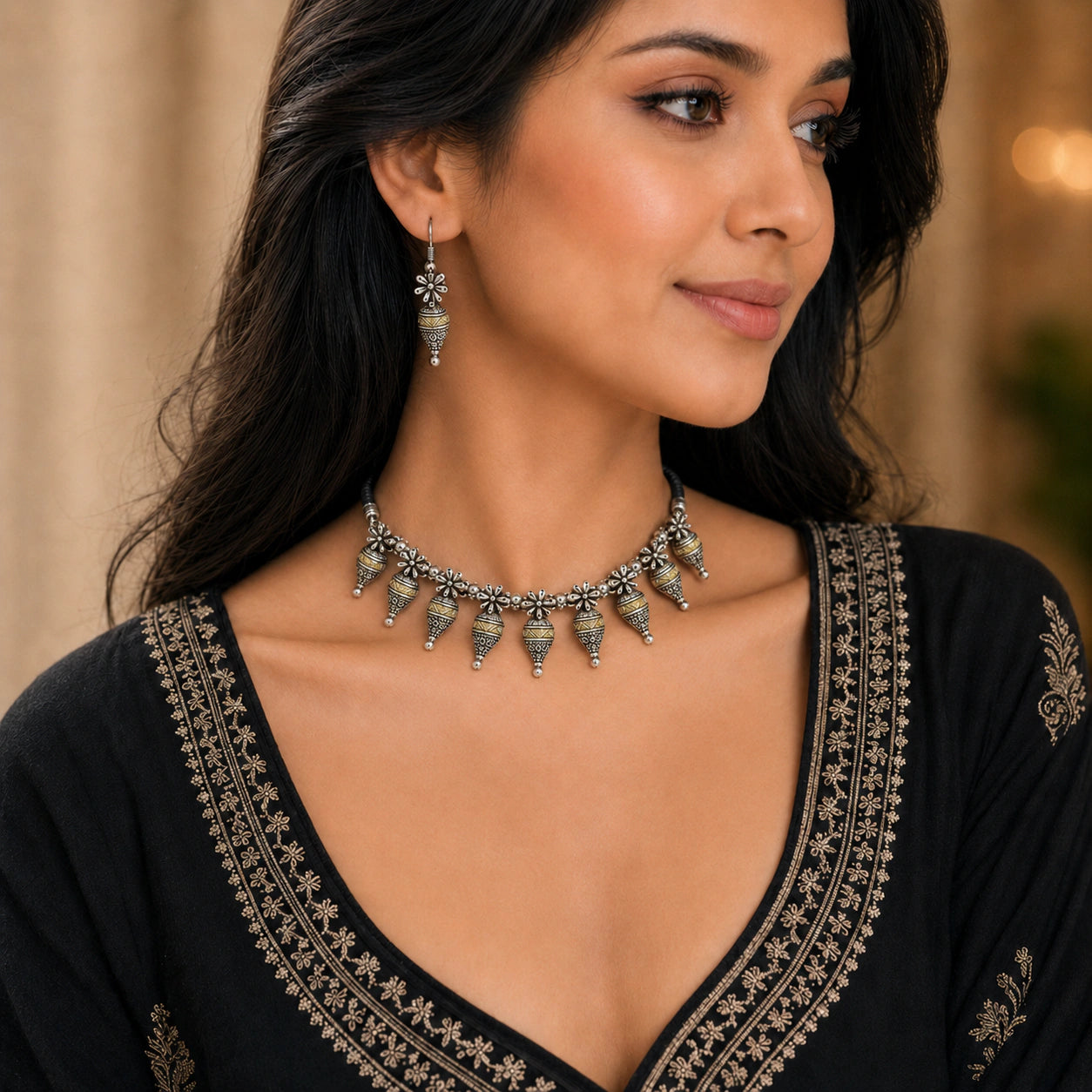 Dual-Tone Oxidised Floral Drop Choker Necklace Set