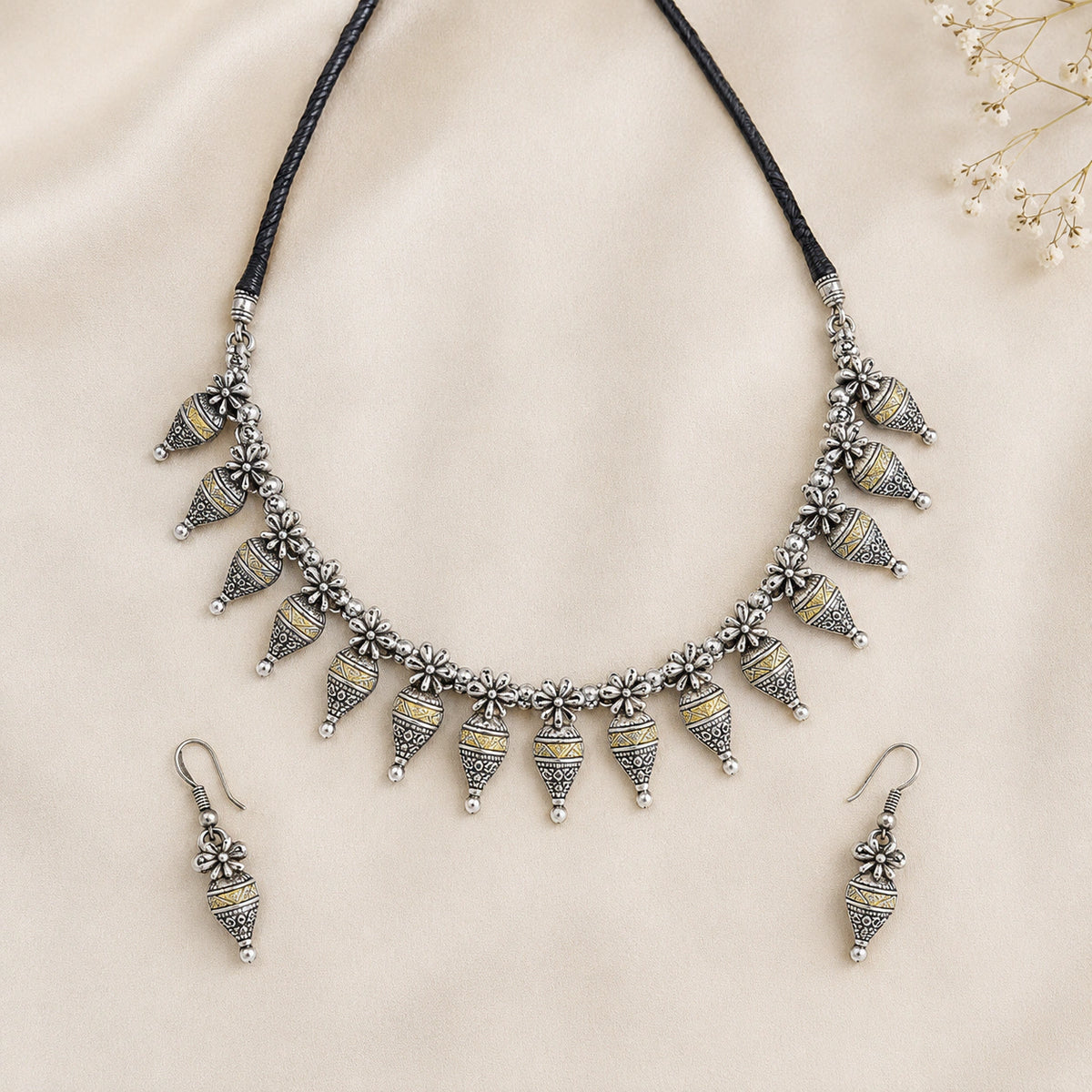 Dual-Tone Oxidised Floral Drop Choker Necklace Set
