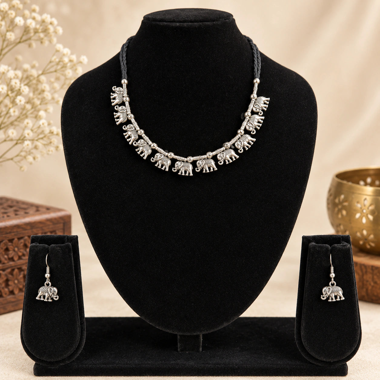 Oxidised German Silver Elephant Charm Necklace Set