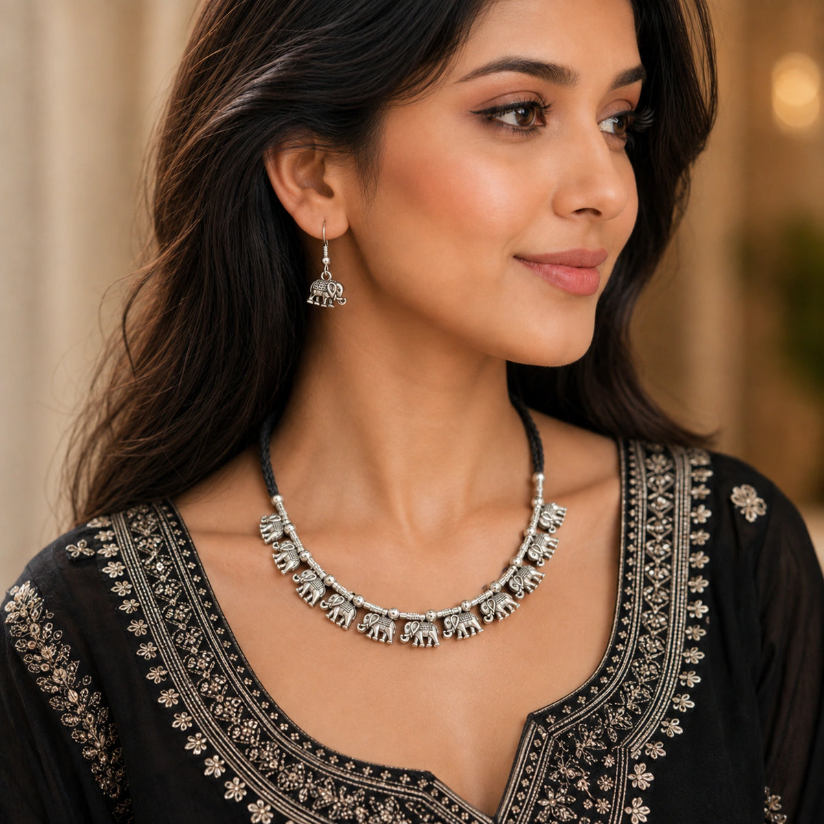 Oxidised German Silver Elephant Charm Necklace Set