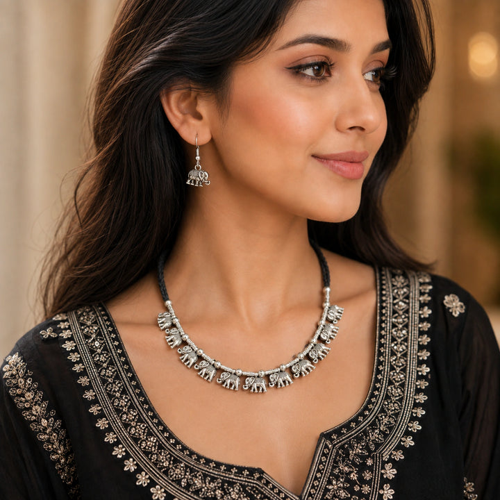 Oxidised German Silver Elephant Charm Necklace Set