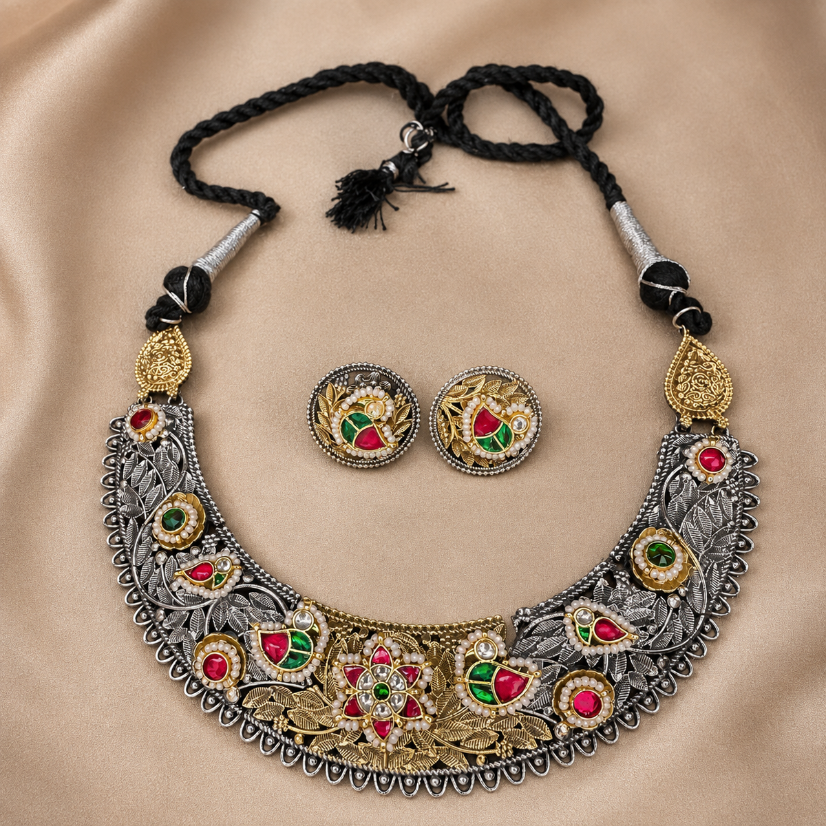 Dual-Tone German Silver Floral Kundan-Style Bib Necklace Set