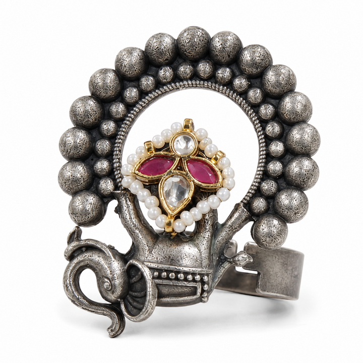 Antique Silver Peacock Pearl-Style Halo Statement Ring