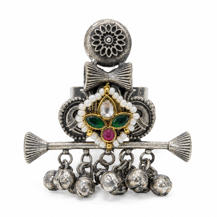 Antique Silver Lotus Ghungroo Statement Ring