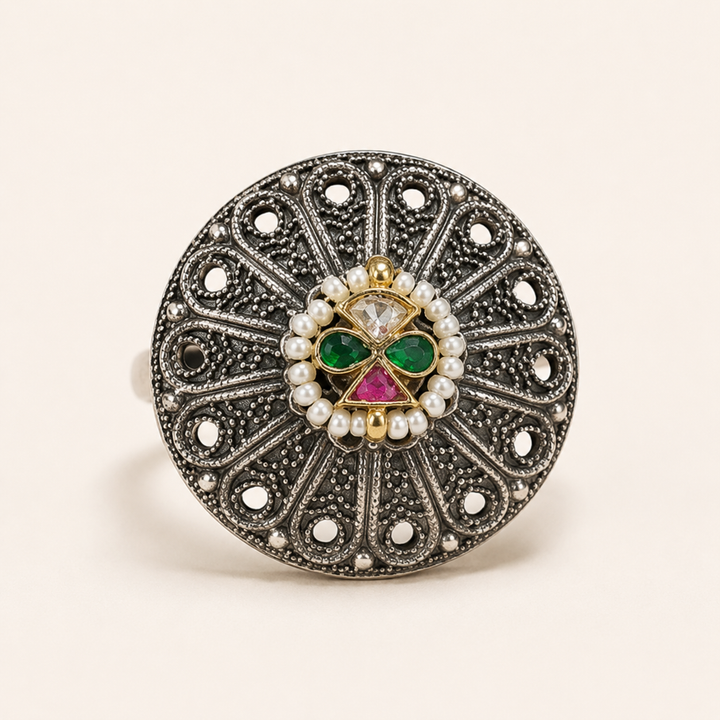 Antique Silver Pearl Halo Medallion Statement Ring