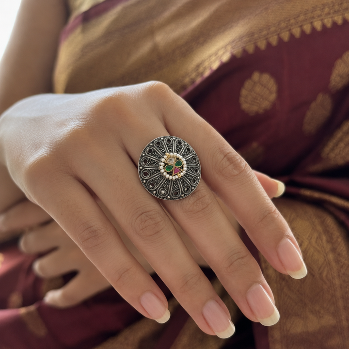 Antique Silver Pearl Halo Medallion Statement Ring