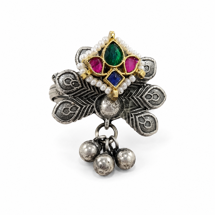 Antique Silver Multicolor Feather Drop Statement Ring