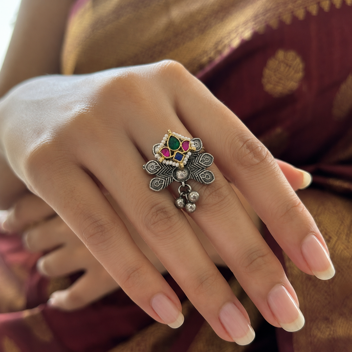 Antique Silver Multicolor Feather Drop Statement Ring