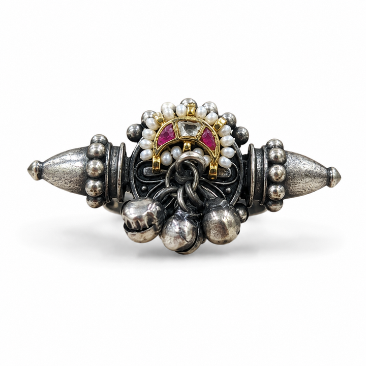 Antique Silver Maroon Pearl-Style Bell Statement Ring